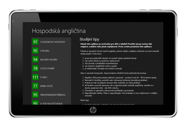 Hospodská angličtina na tabletu s Windows 8 - seznam lekcí