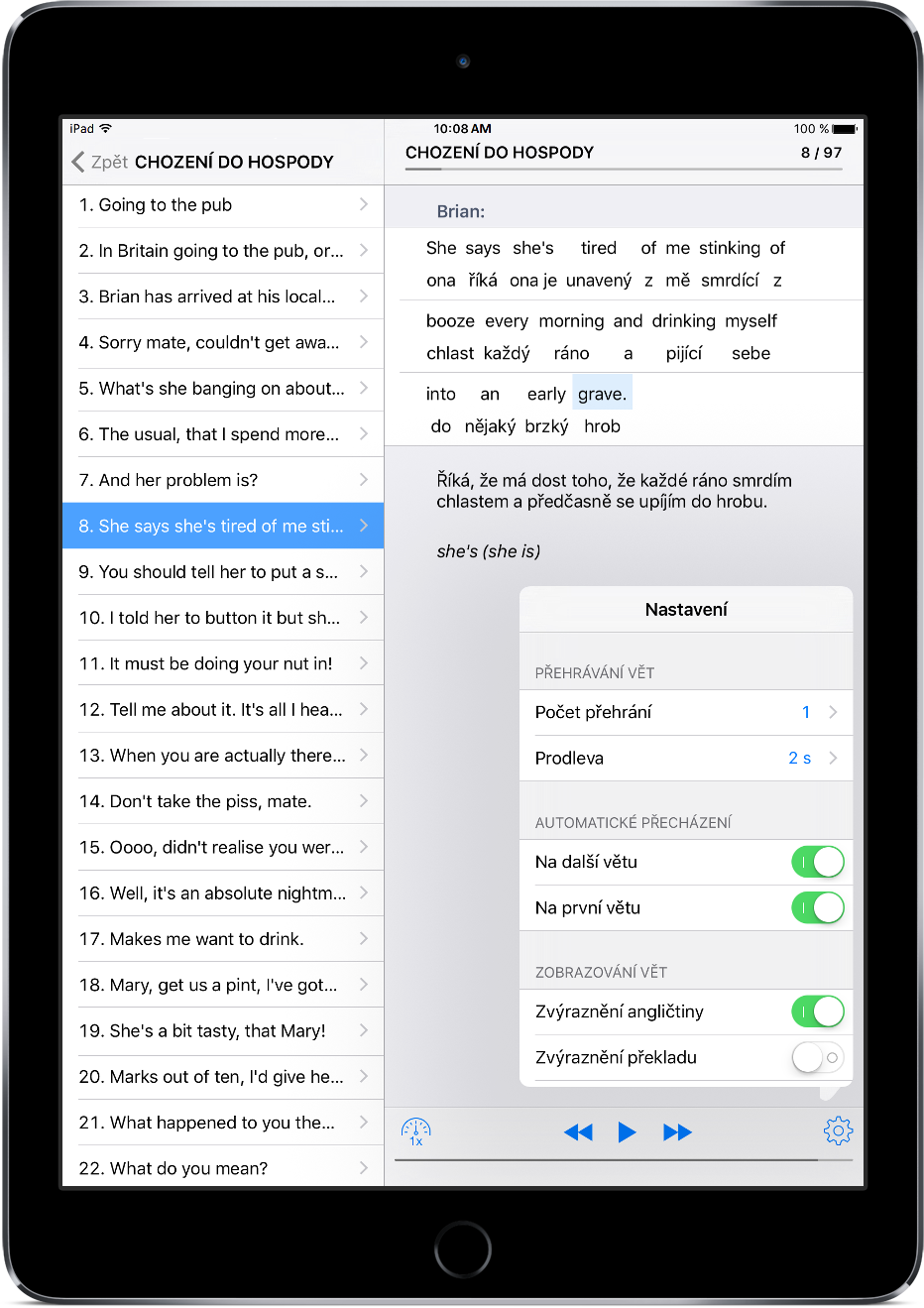 Hospodská angličtina na iPadu - věta a nastavení